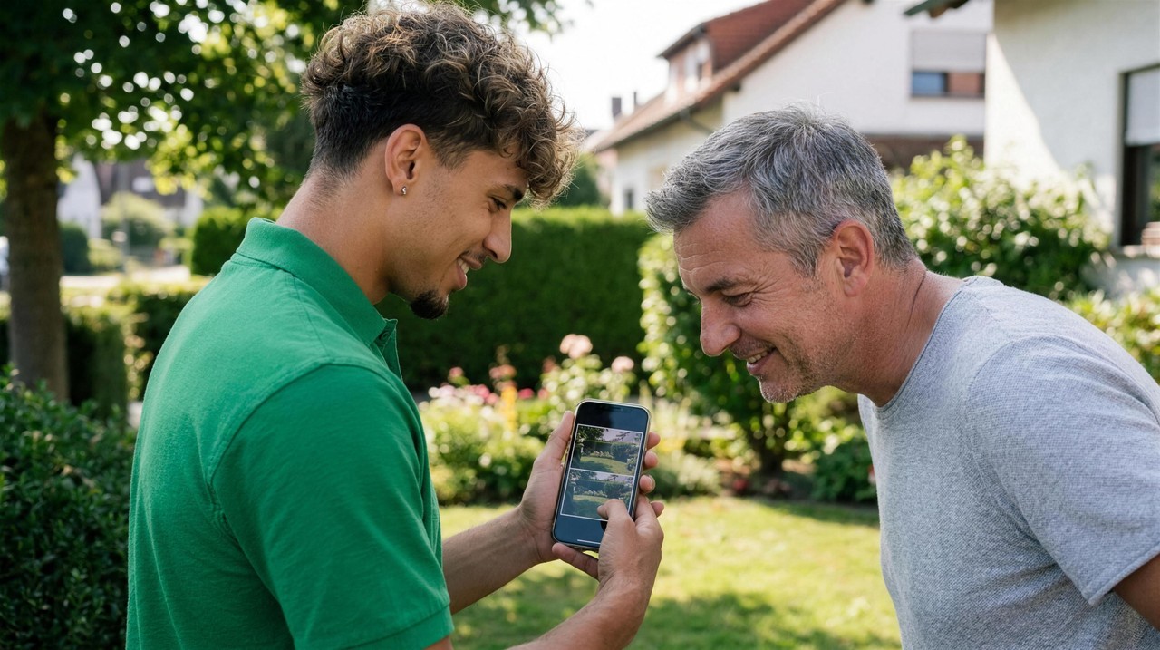 Zufriedener Kunde sieht das Vorher-Nachher-Foto — Haus- & Gartenservice Havelland