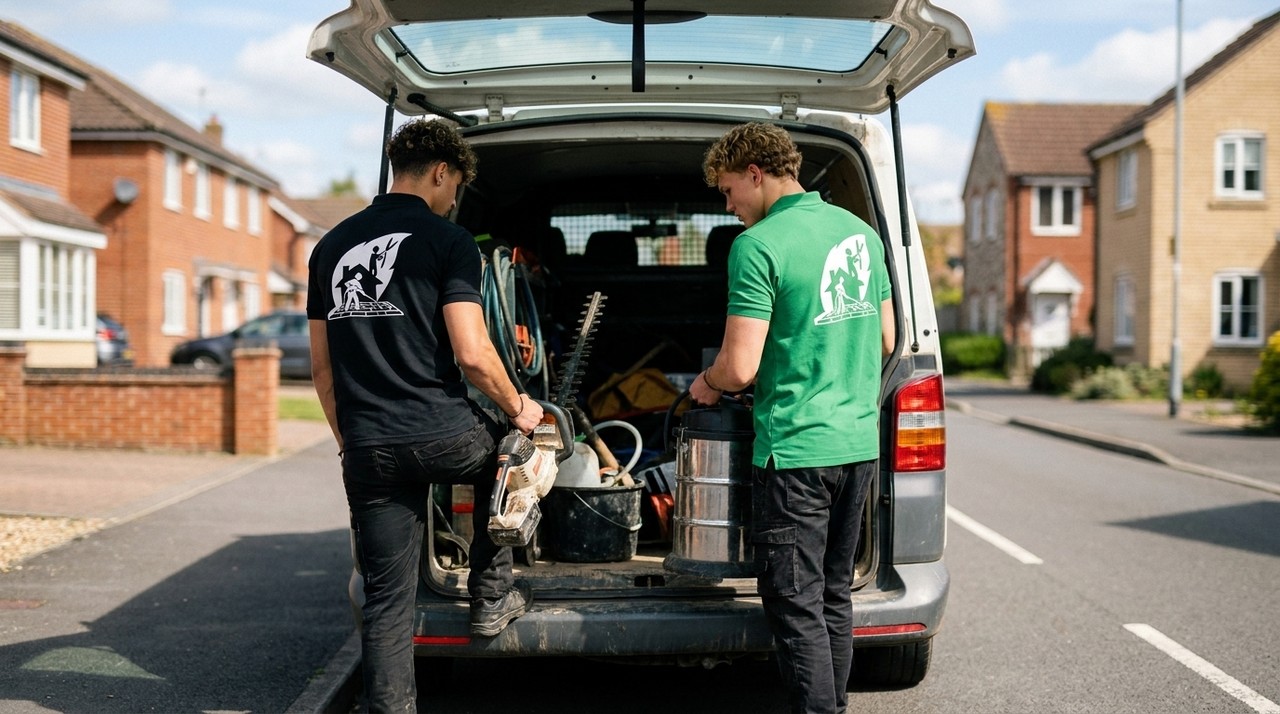 Das Team des Haus- & Gartenservice Havelland lädt Werkzeug aus dem Firmenwagen