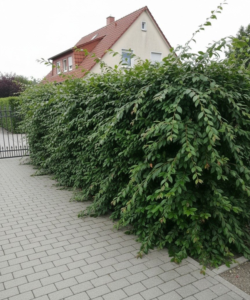 Kirschlorbeer-Hecke — vor dem Schnitt