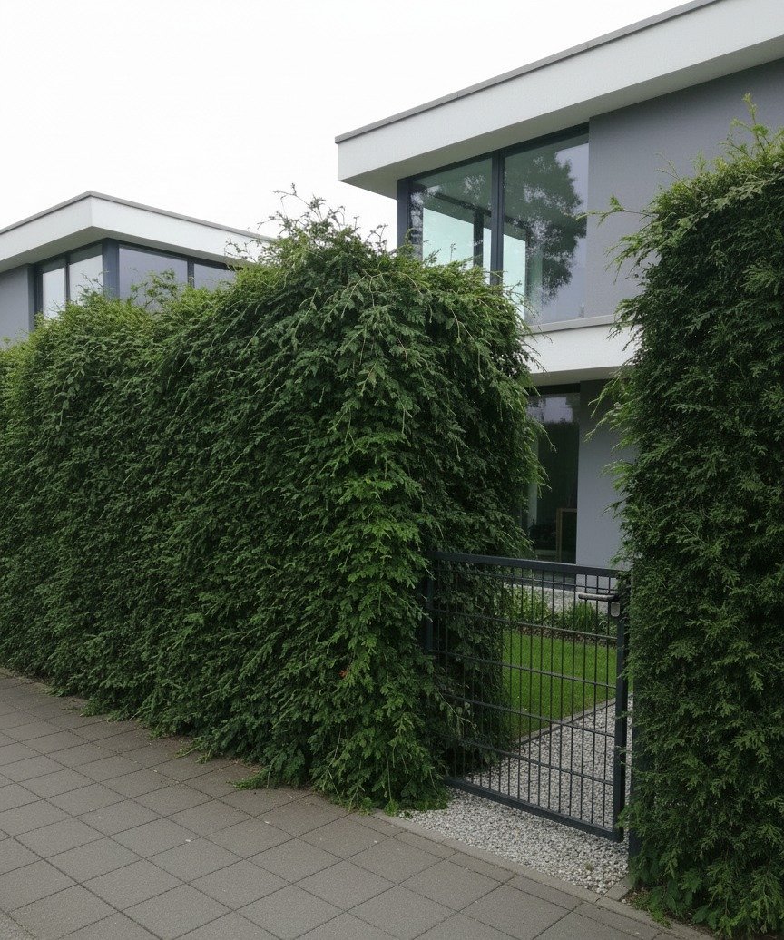 Thuja-Hecke an der Grundstücksgrenze — vor dem Schnitt
