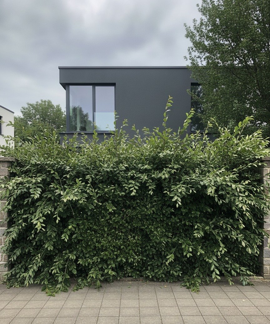 Kirschlorbeer-Hecke — vor dem Schnitt