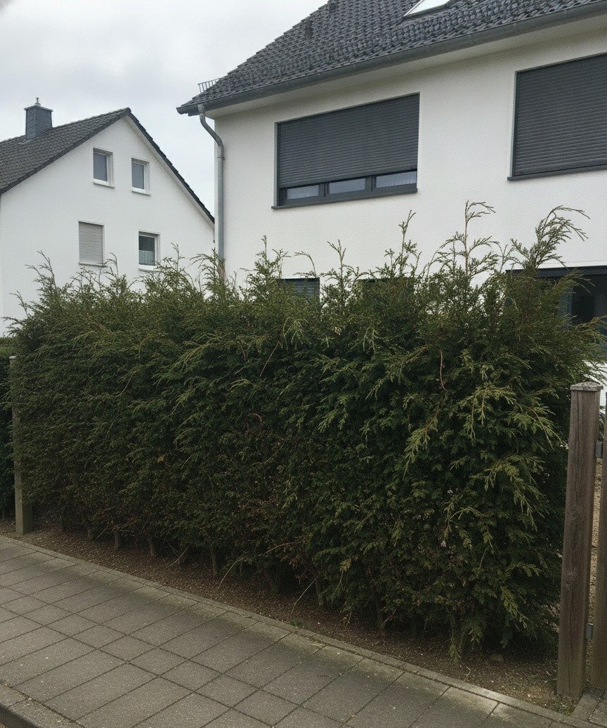 Thuja (Lebensbaum)-Hecke — vor dem Schnitt