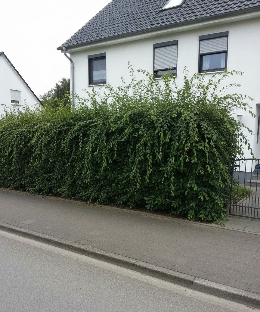 Liguster-Hecke am Neubau — vor dem Schnitt