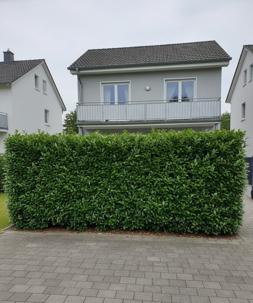 Kirschlorbeer-Hecke unter dem Balkon — nach dem Schnitt