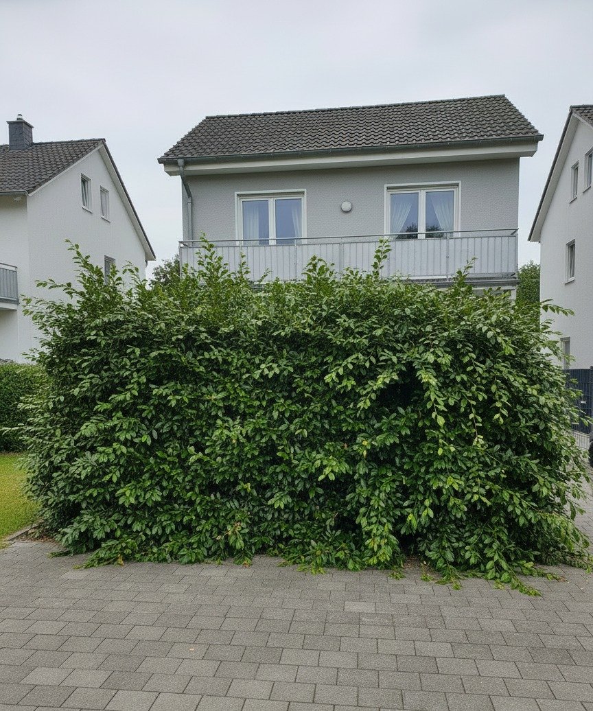 Kirschlorbeer-Hecke unter dem Balkon — vor dem Schnitt