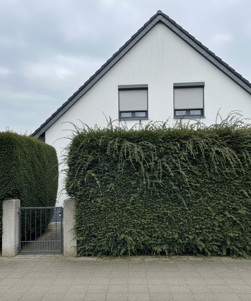 Eiben-Hecke, klare Linie — vor dem Schnitt