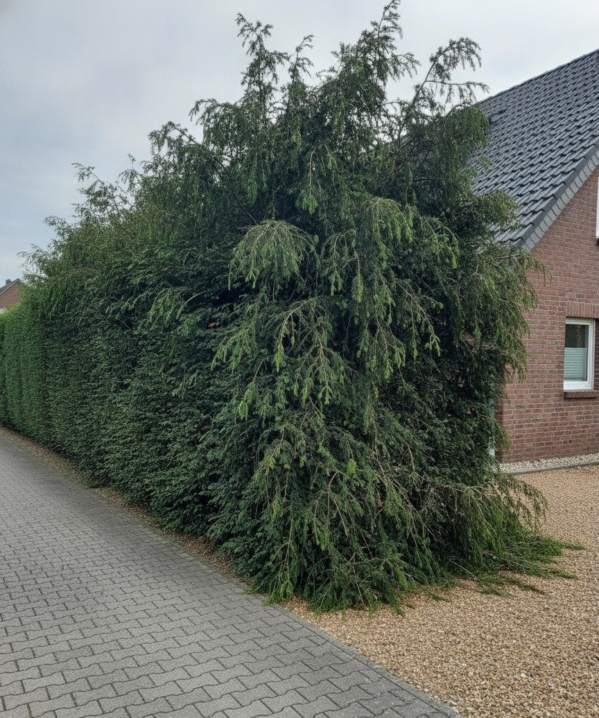Eiben-Hecke an der Klinker-Einfahrt — vor dem Schnitt