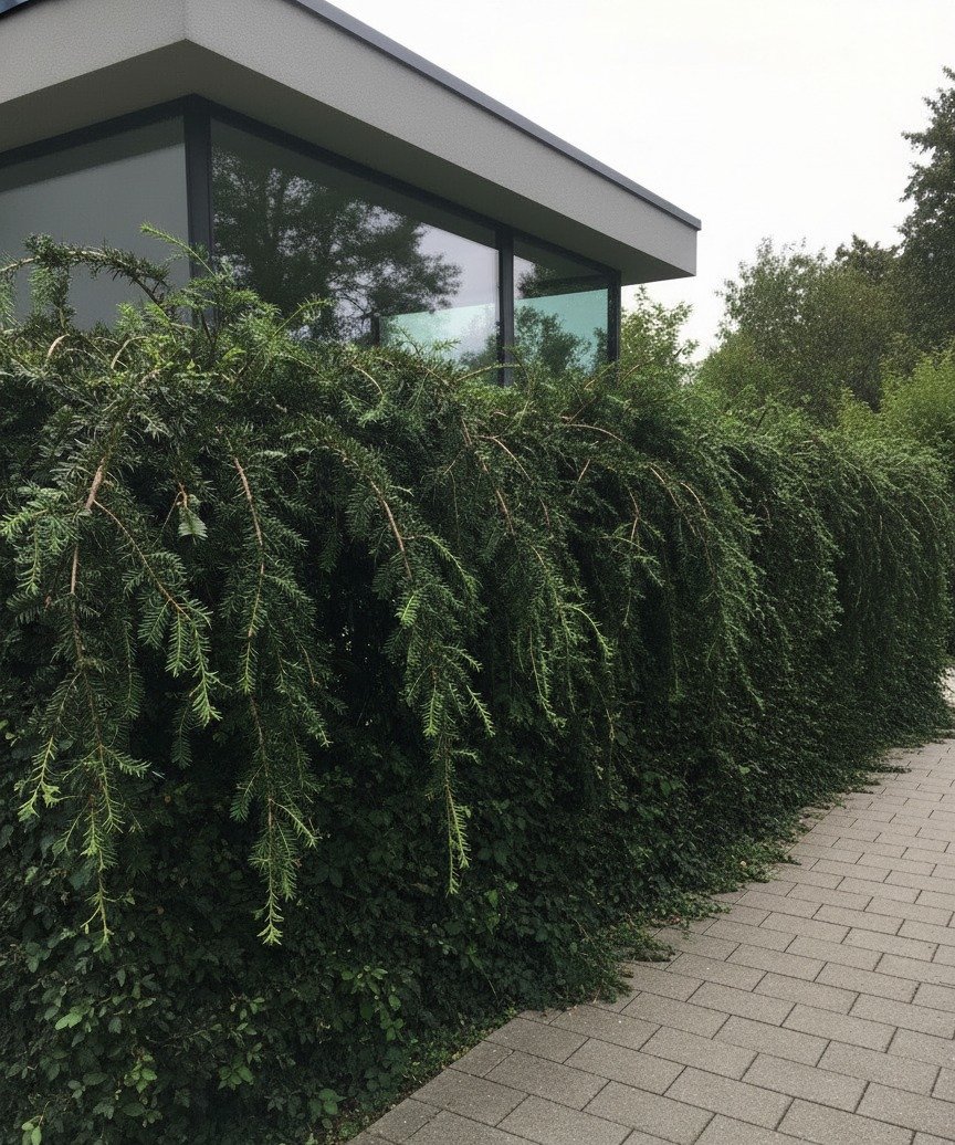 Eiben-Hecke kubisch geschnitten — vor dem Schnitt