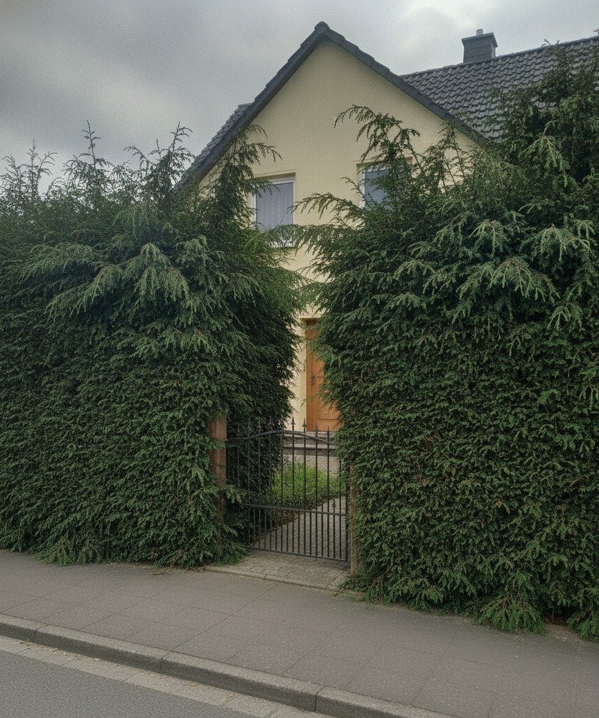 Eiben-Hecke vor Walmdach-Haus — vor dem Schnitt